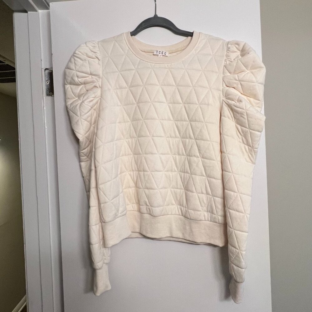 TCEC Puff Sleeve Shoulder Quilted Crewneck Sweater